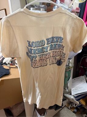 Graphic Tee with Retro Lettering - Cream and Blue